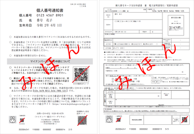 写真：二次元コードと申請書ID付き交付申請書（個人番号通知書に同封）見本