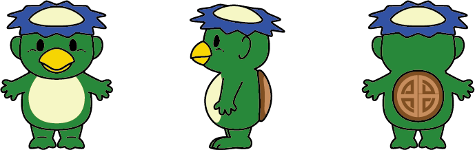 イラスト：ちかっぱー 左から順に正面向き、横向き、後ろ向き